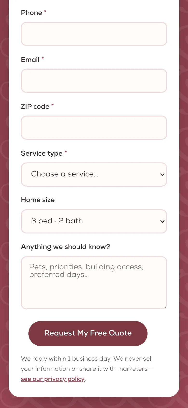 Contact page of Duda's Cleaning Service on a phone: quote form with phone, email and service type fields.