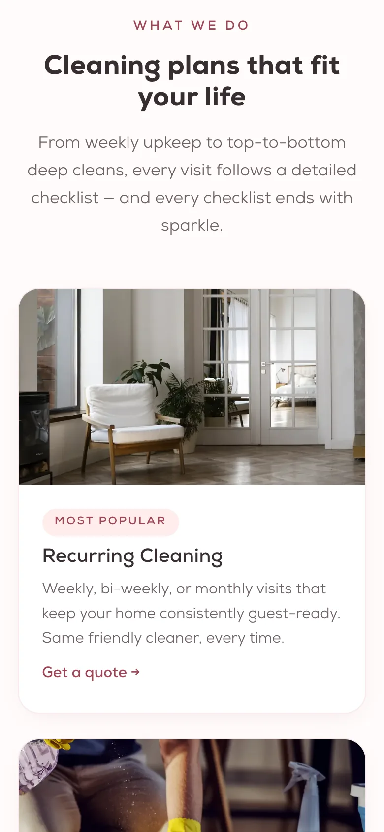 Services page of Duda's Cleaning Service on a phone: each cleaning service listed as its own card.